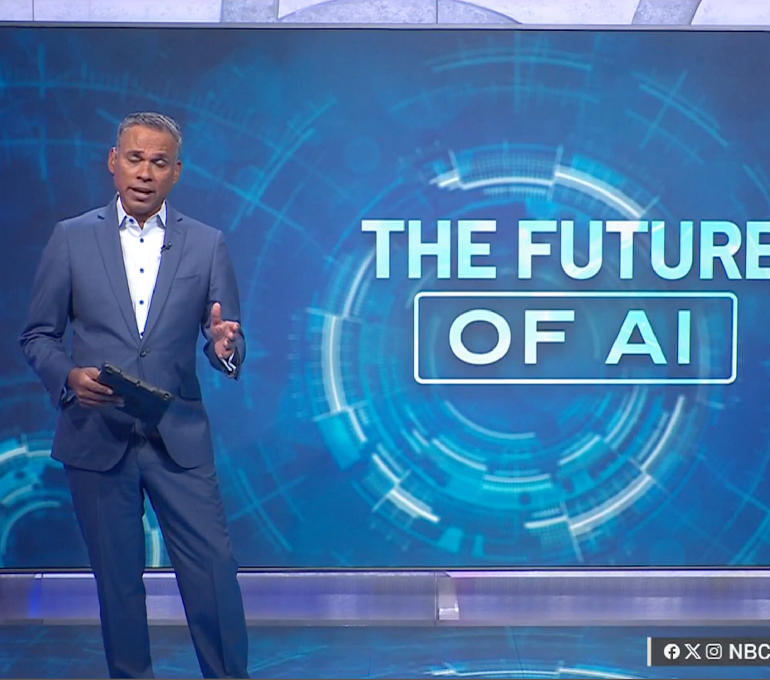 Man in a suit standing in front of a screen with 'The Future of AI' text on a blue background
