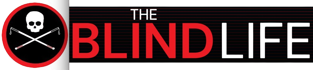 Logo for 'The Blind Life' with a skull and crossbones design on a black background